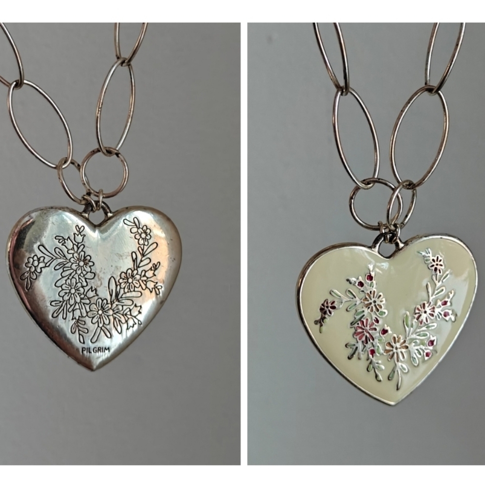 Danish Design Pilgrim Large Two Sided Heart Pendant Necklace Silver Tone - Picture 2 of 15